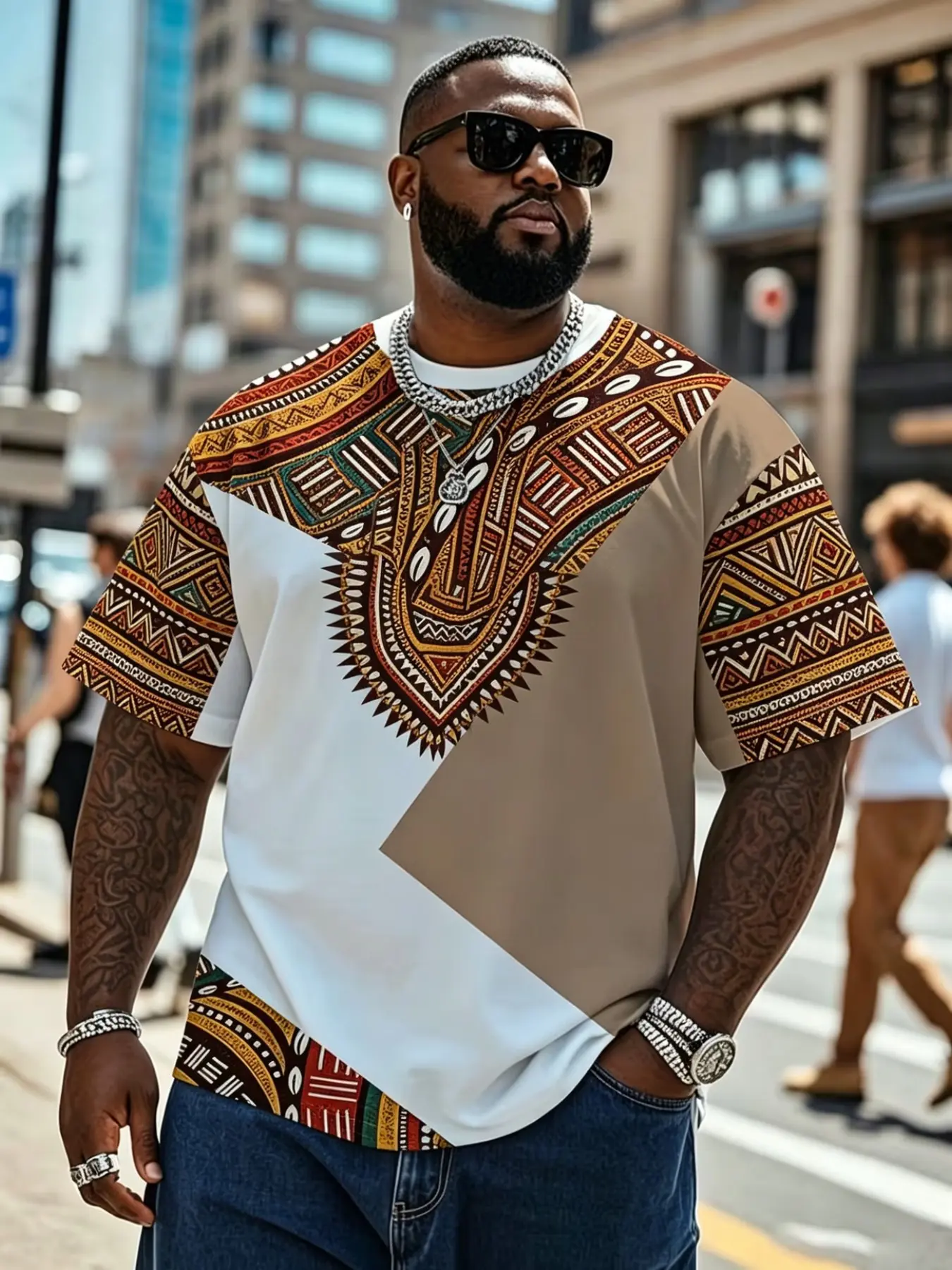 Plus Size Retro African Ethnic Pattern Short Sleeve T-Shirt, Men's Dakhla Tribe Geometric Print, Loose Fit, Casual Style, All Seasons