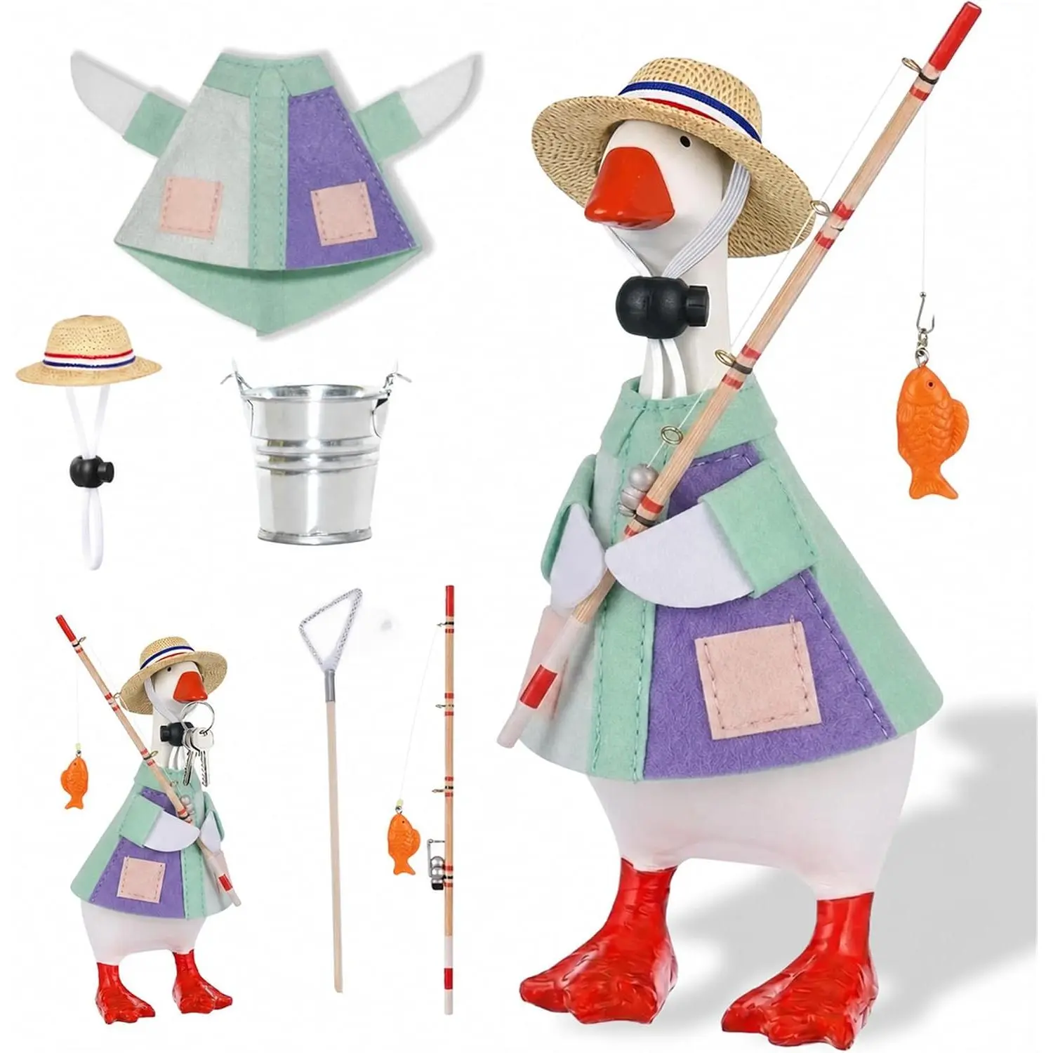 XIMEO 7 Inch Magnetic Desk Goose Statue Fishing Set with Outfit| Magnetic beak holds keys; detailed felt outfit; fishing-themed desk décor; gift-ready kraft box.