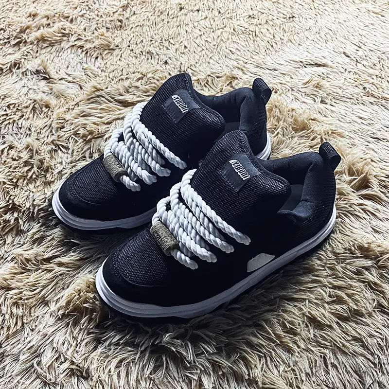Black Suede Mesh Platform Skate Sneakers for Men Women, Oversized Chunky White Twisted Rope Laces Minimalist Retro Y2K Hip Hop Low Top Casual Board Shoes
