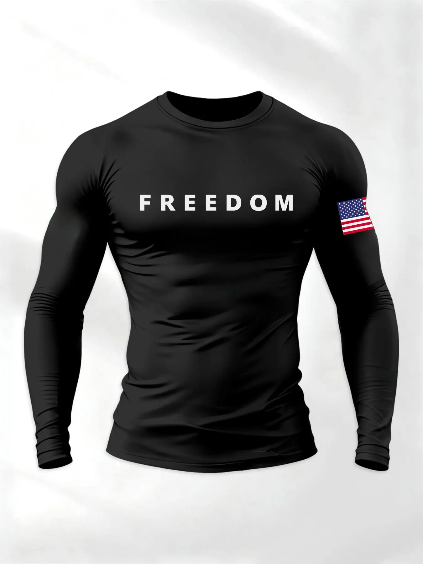 Men's Compression Long Sleeve Workout T-Shirt, Minimal FREEDOM Letter & US Flag Sleeve Patriotic Athletic Top, Stretch Slim Fit 4th Of July Outdoor Sports Base Layer Tee, Compression Tees