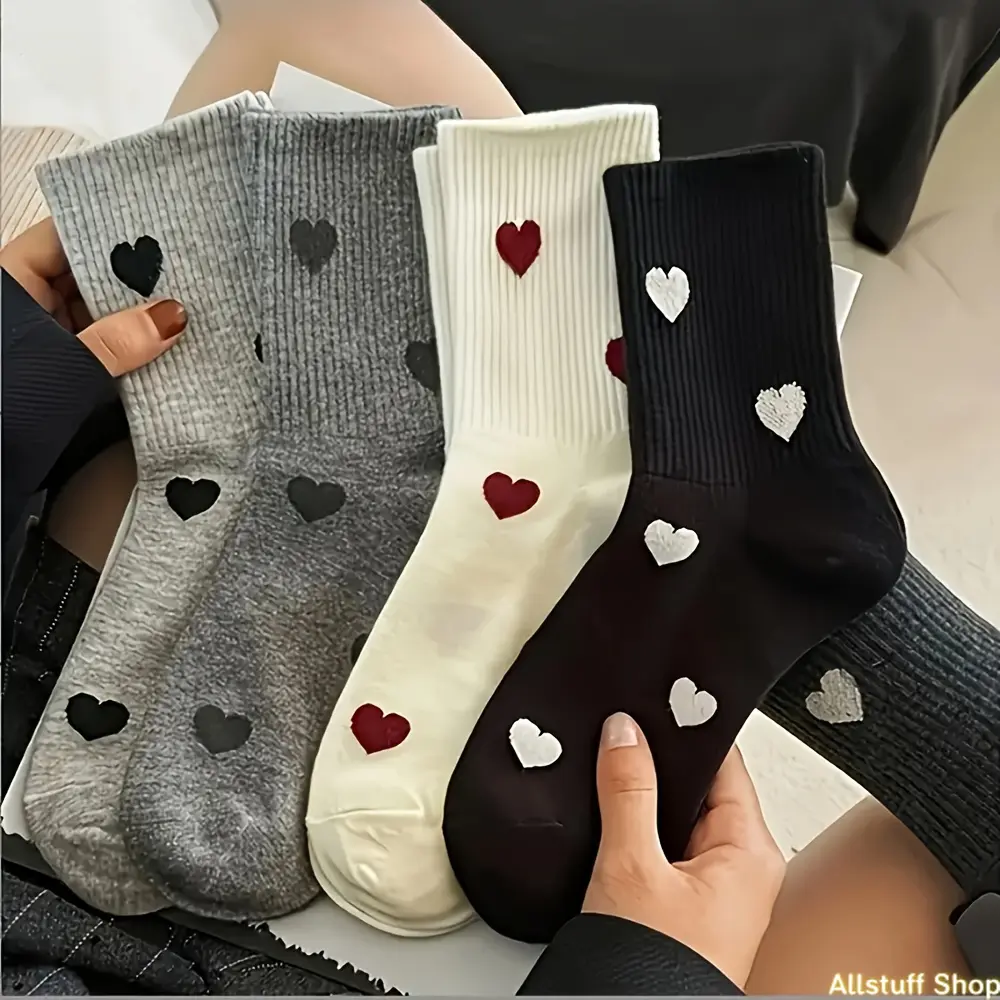 10pcs/5 Pairs Women's Mid-Calf Socks with Heart Pattern, Calf Socks - Elegant Heart Pattern Design, Featuring a Heart Pattern in Fabric - Soft, Suitable for Hand Washing And Machine Washing, Couple Socks, Cozy Women's Socks for Casual Wear