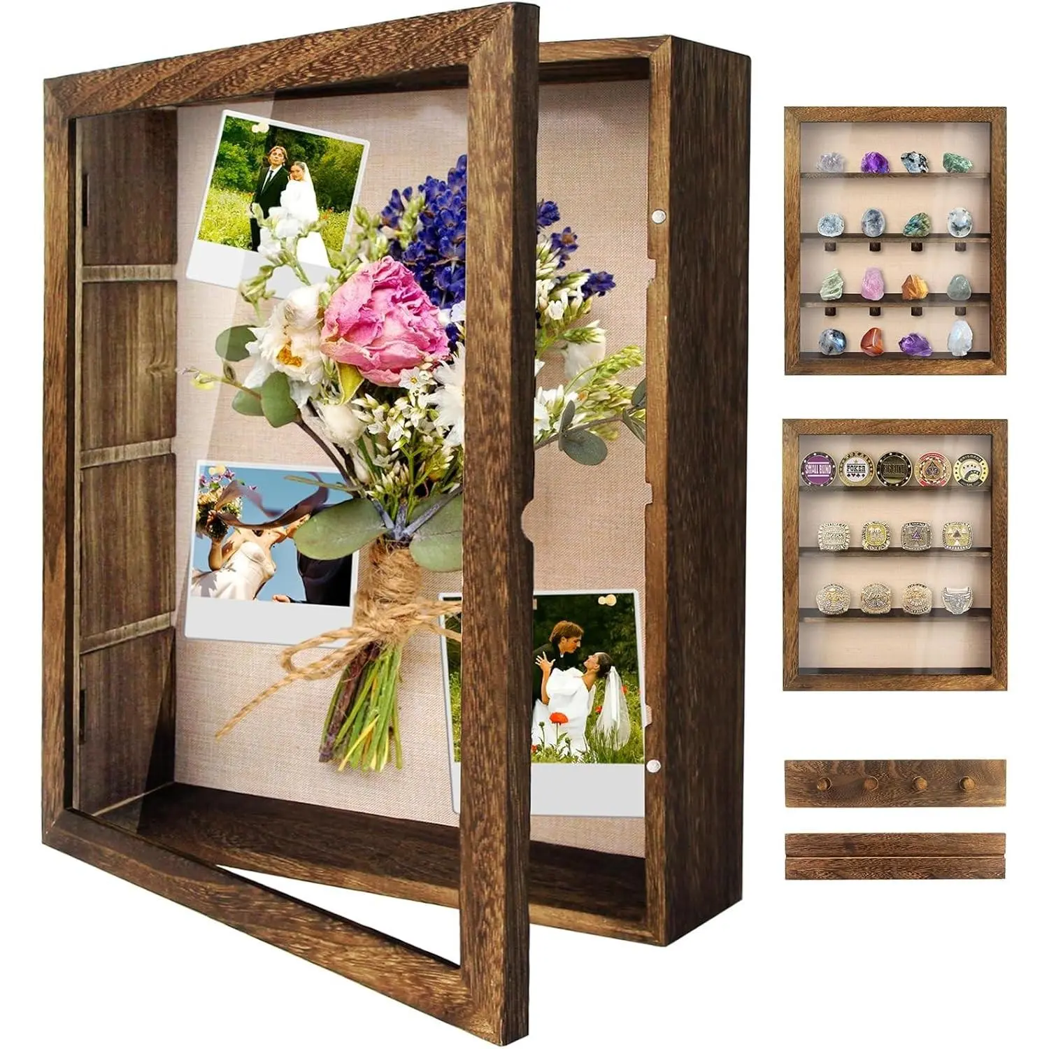 Shadow Box Frame 11x14, Deep Shadow Box Display Case with Linen Back and Removable Shelves, Wooden Memory Box for Wedding Bouquet, Photos, Medals, Keepsakes (Brown)