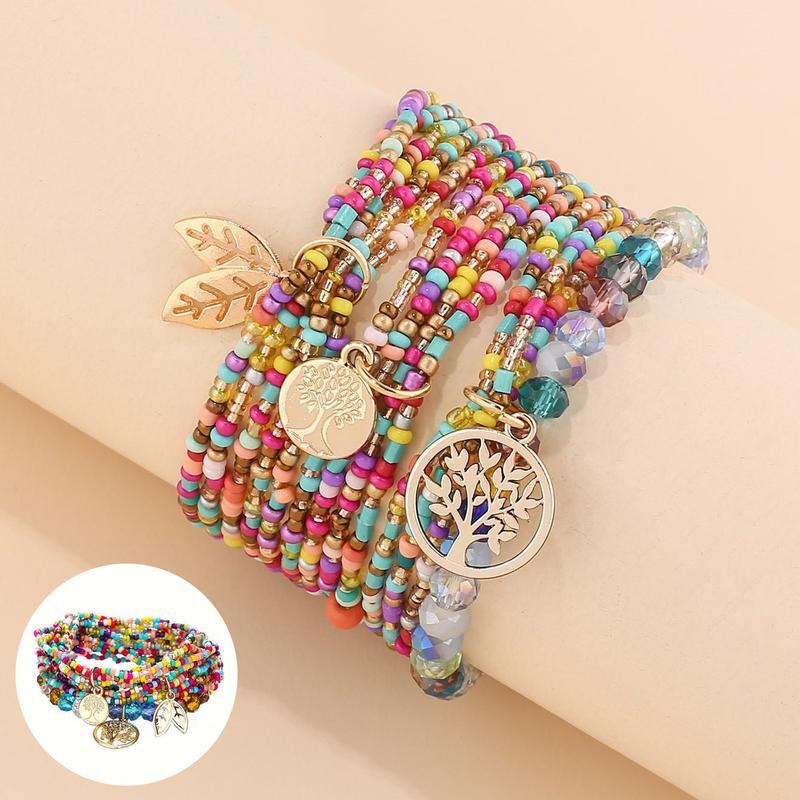 3pcs/set Bracelets for Women Handmade Multicolor Beaded Layered Charm Bracelet Set, Tree of Life Bohemian Wrap Stackable Bracelets, Stackable Boho Jewelry for Women, Summer Beach Accessory Gift  Vacation Daily Wear