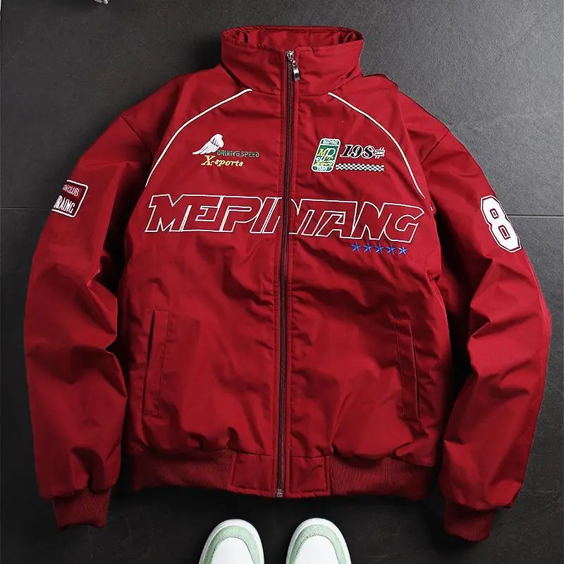 Men's Racing Style Bomber Jacket - Graphic Print with Patch Details, Stand Collar Design, Fleece Fabric Offers Comfort and Warmth, Perfect for Casual Street Style, Everyday Wear, or This Season's Trendy Sporty Look Coats Long Sleeve