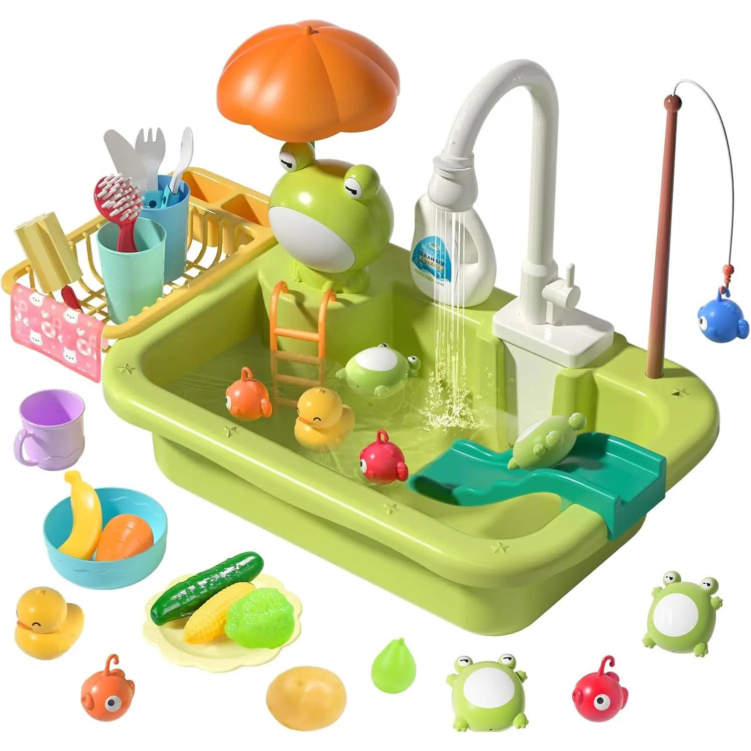 Play Sink with Running Water, Kitchen Sink Toys with Upgraded Electric Faucet, Play Kitchen Toy Accessories, Pool Floating Fishing Toys for Water Play, Kids Role Play Dishwasher Toy