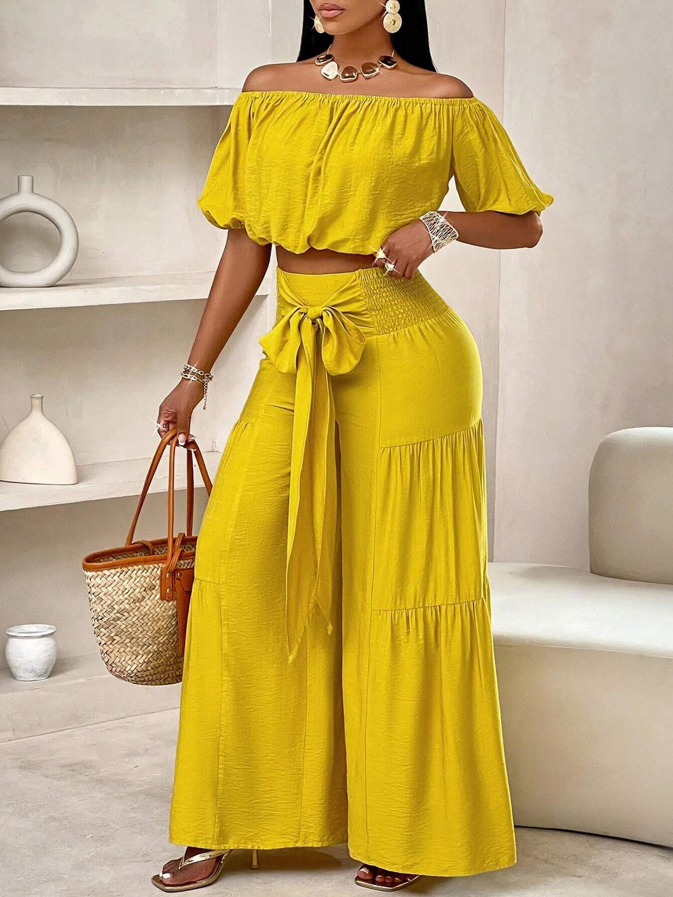 Women's Solid Color Top & Wide Leg Pants Set, Casual Off Shoulder Top & Palazzo Pants for Summer, Ladies Clothes for Beach Holiday Vacation, Womenswear