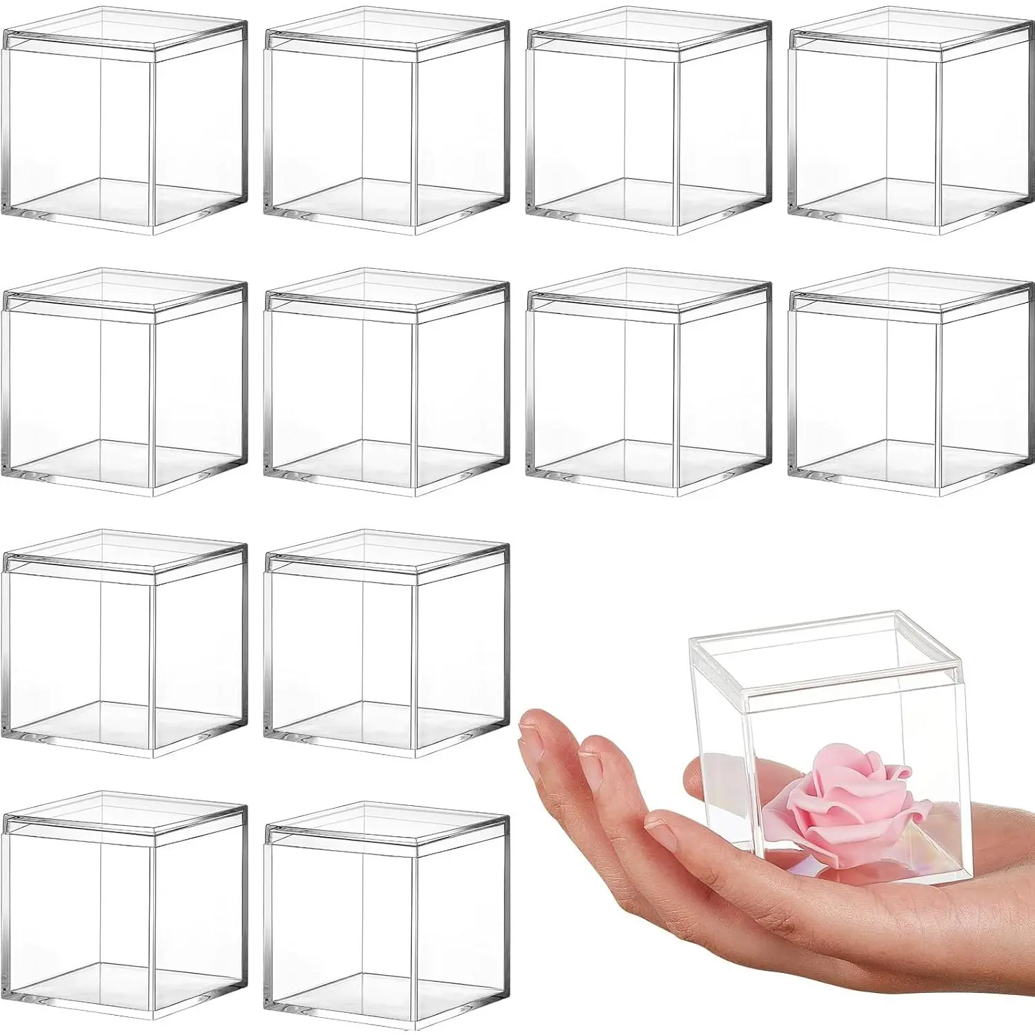 12 count Clear  Box with Lid Plastic Small  Boxes Decorative Storage Box  Display Mini Clear Container for  Candy   (Square,1.8 x 1.8 x 1.8)