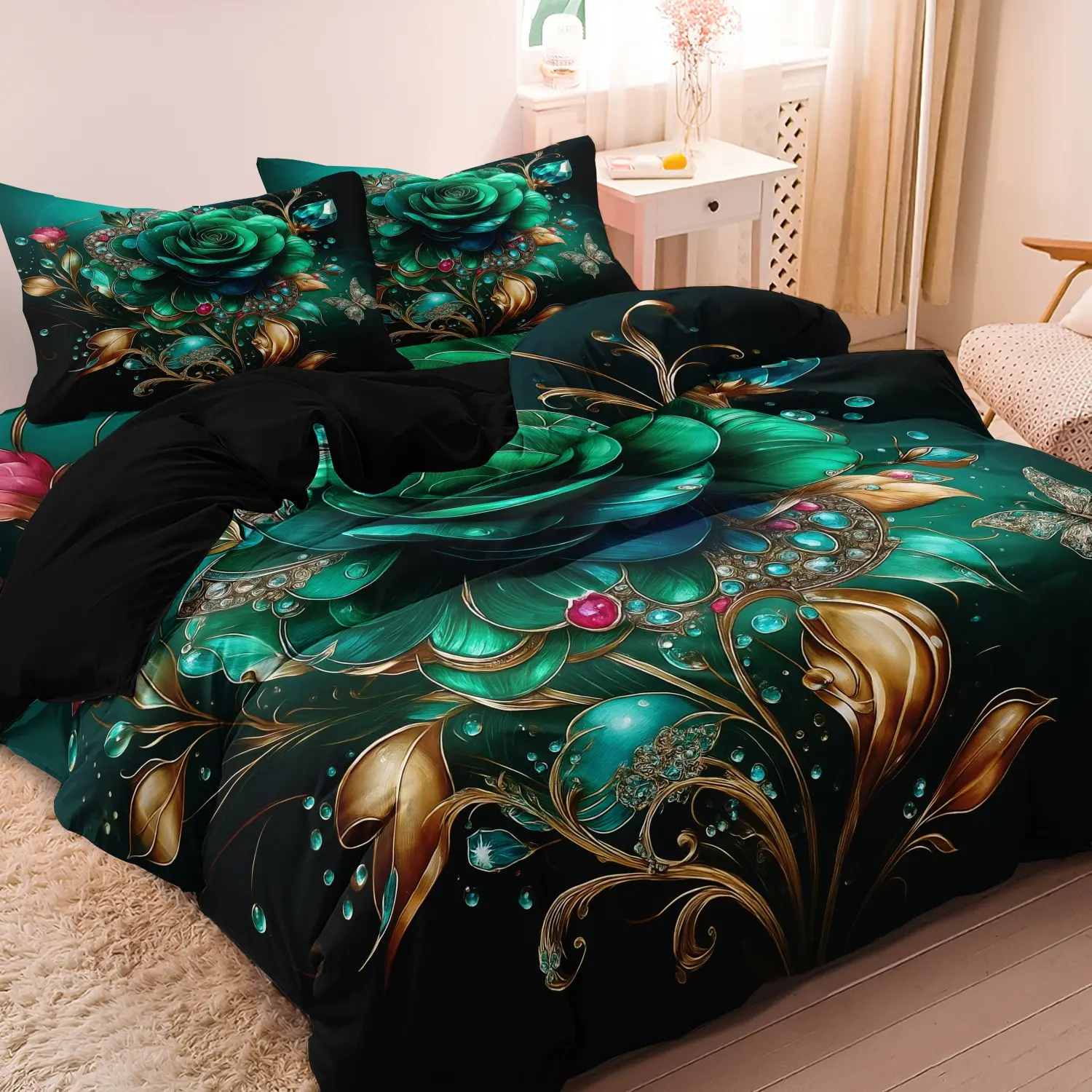 3 Pieces Black Luxury Emerald Green Gem Rose Butterfly Decorative Duvet Cover Set, Golden Leaf Crystal Jewel Floral Art Print Bedding Sets, Soft Microfiber Gothic Elegant Bedding Decor (1 Duvet Cover + 2 Pillowcases, No Comforter No Pillow)