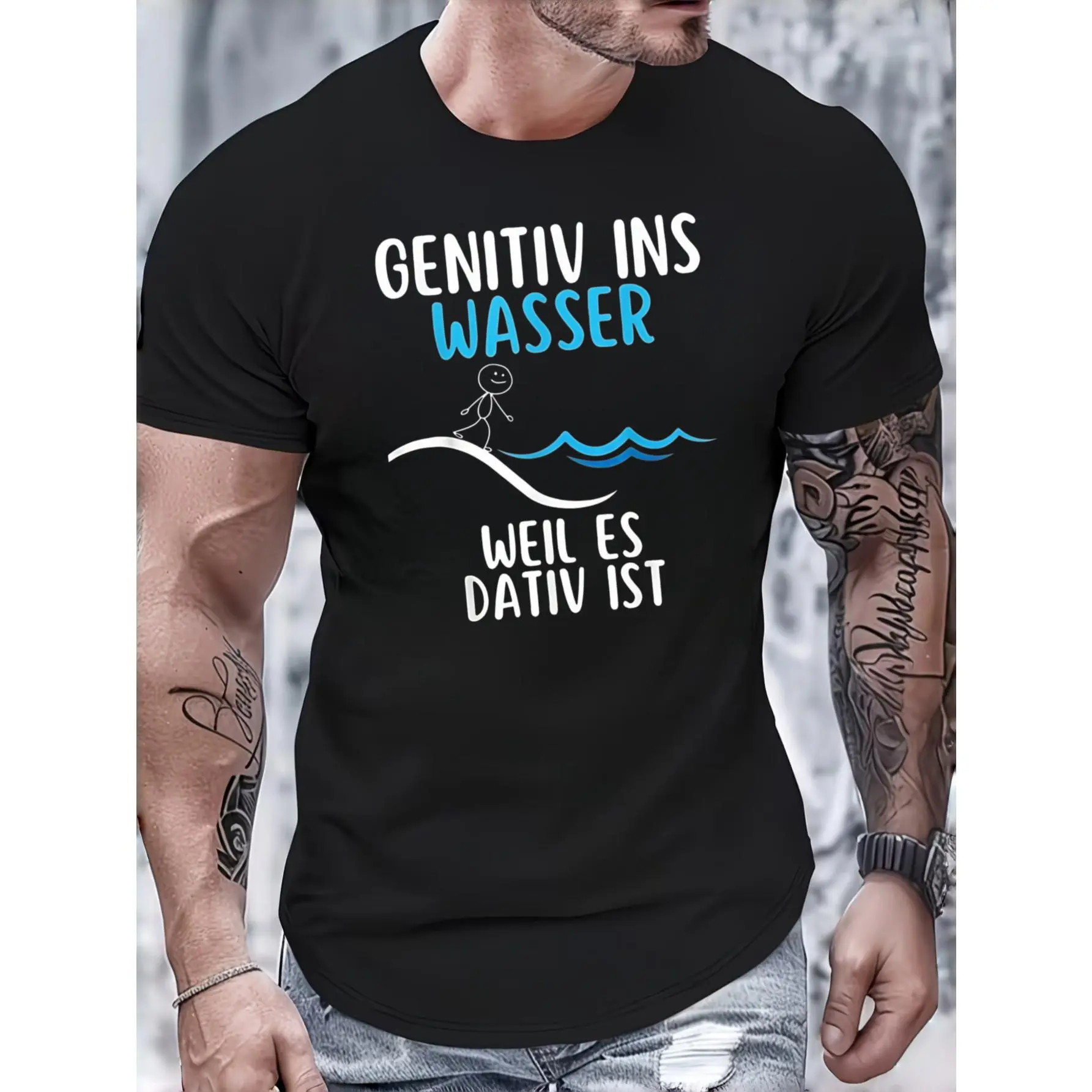 Casual Funny Graphic Men's T-Shirt, German Grammar Joke Genitiv Ins Wasser Weil Es Dativ Ist Design, Summer Casual Wear, Gift For German Language Learners Teachers Students