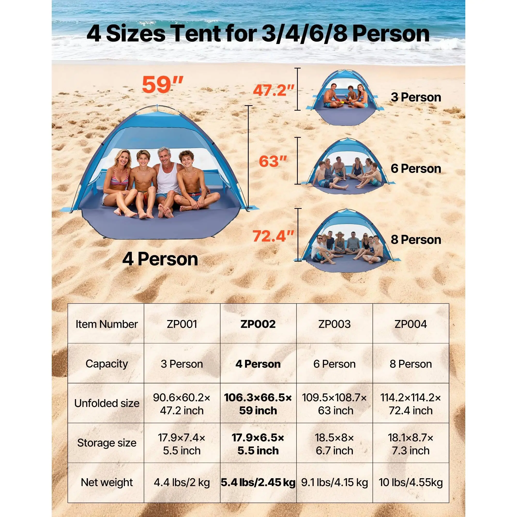 UPF 50+ Beach Tent for 4 Person, Portable Pop-Up Sun Shelter with Carrying Bag, Sand Pockets & Extended Front Floor for Beach, Camping, Fishing & Outdoor Picnic