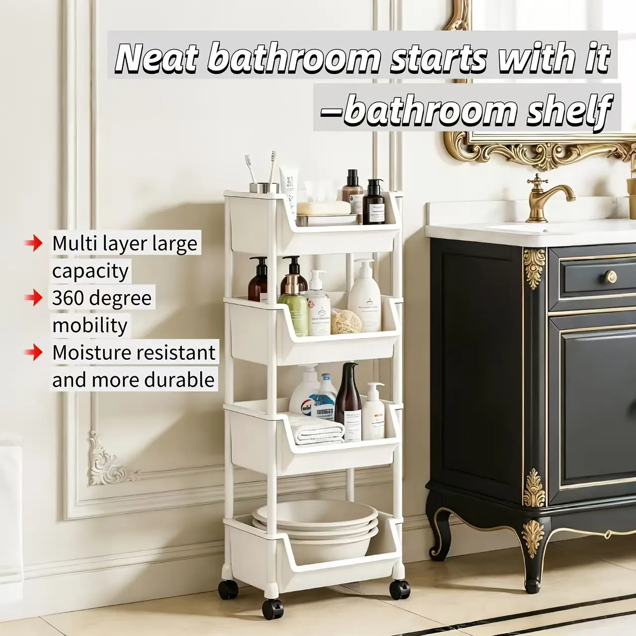 3/4-Tier White Rolling Storage Cart with Wheels - Office Trolley Bookshelf Durable Plastic Mobile Storage Rack, Easy Assembly, Space-Saving Shelf, Suitable for Kitchen, Living Room, Bedroom, And Office, Open Shelving Design