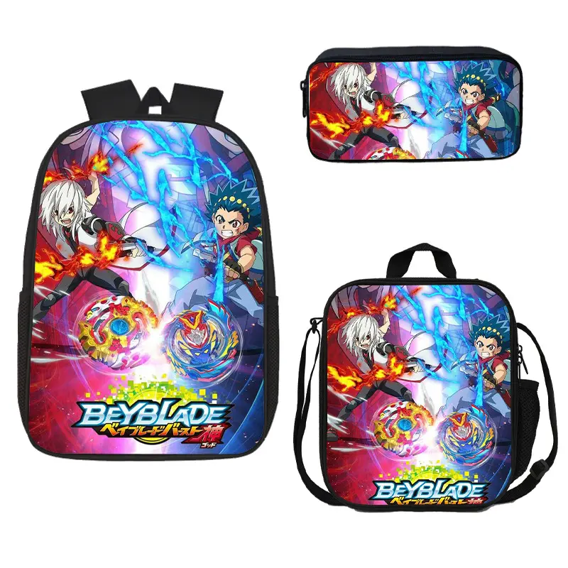 Beyblade Backpack Set, Anime Battle Toy Student School Bag with Lunch Bag and Pencil Case, 3PCS Nylon Backpack Set for Kids