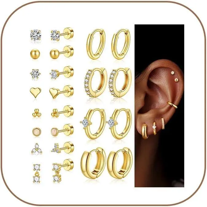 12 Pairs  14K  Plated Hoop Earrings for Women | Dainty Huggie Hoop Earrings Set, Cartilage CZ Earrings Stacks, Small Stud Flat  Earring, Multiple Piercings  Gifts