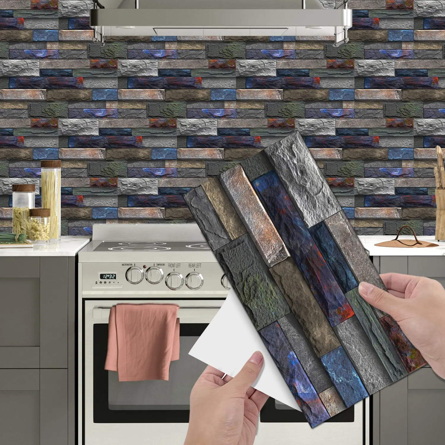 6/12/24/48Pcs FG‑L Vintage Tile Stickers, Extra‑Sticky PVC Crystal Film, Multicolor Mixed Slate Texture, Peel and Stick Backsplash, DIY Self‑Adhesive Waterproof Oil‑Proof Wall Decals for Kitchen, Bathroom, Floor, Tile & Wood Surface Home Decor