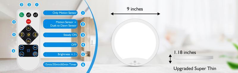 9" Battery Operated Ceiling Light, Motion Sensor Rechargeable Wireless LED Ceiling Light with Remote, Versatile Lighting Dimmable Indoor Overhead Lamp for Hallway, Living Room