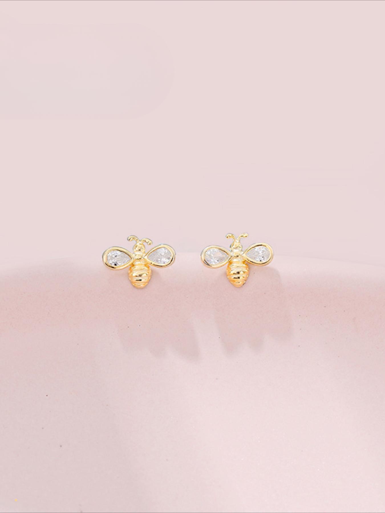 S925 Sterling Silver Cute Bee Design Stud Earrings, Fashionable Rhinestone Decor Earrings for Women & Girls, Trendy All-match & Exquisite Jewelry for Birthday Gift