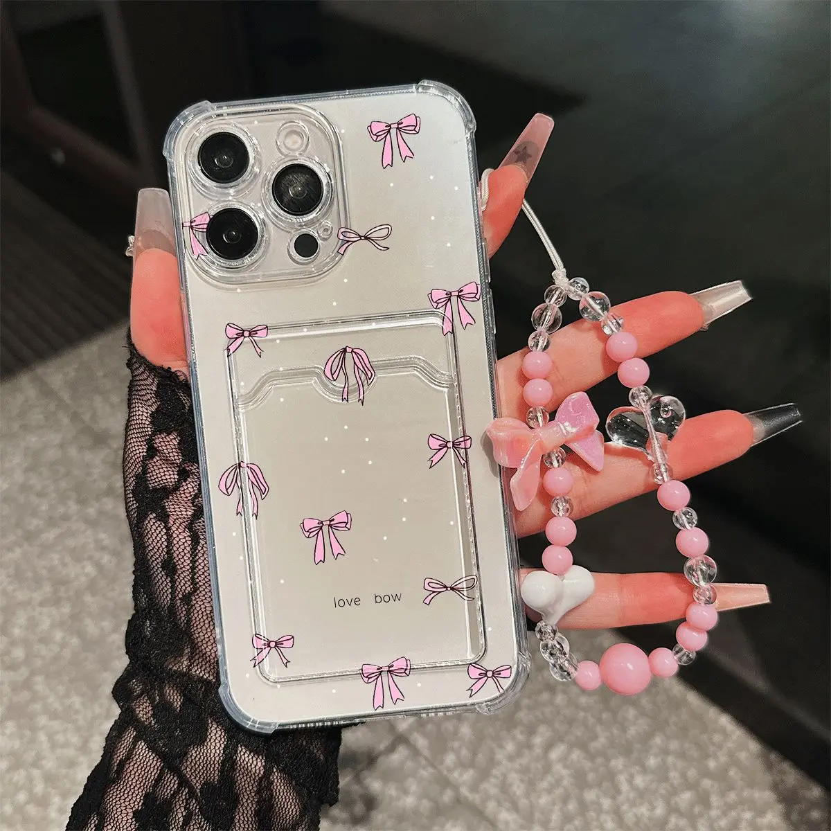 Pink Bowknot Aesthetic Phone Case Coquette Style Card Holder Shockproof Cover with Beads Lanyard for iPhone11-17promax IPhone11/12/13/14/15/ Promax16/16Promax/16pro/16plus