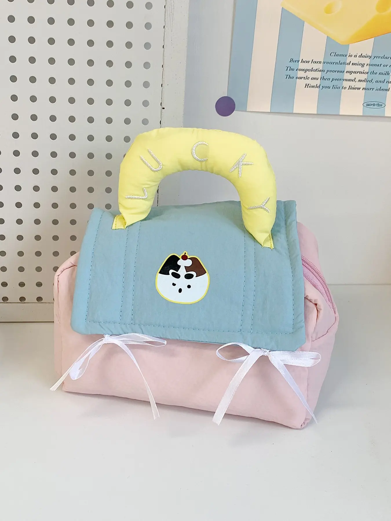 Colorblock Patchwork Cosmetic Bag, Cute Lucky Embroidery Handbag, Cartoon Dog Bow Tie, Large Capacity Travel Wash Kit, All Seasons
