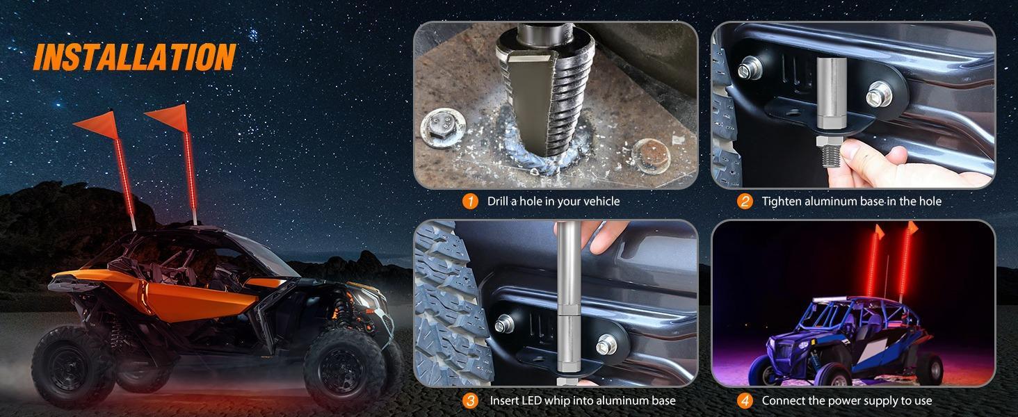 Nilight 1PCS 3FT LED Whip Light with Aluminum Base Red Color Safety  Pole Lighted Antenna Whips for RZR Polaris Dune Buggy Off-Road Truck UTV ATV