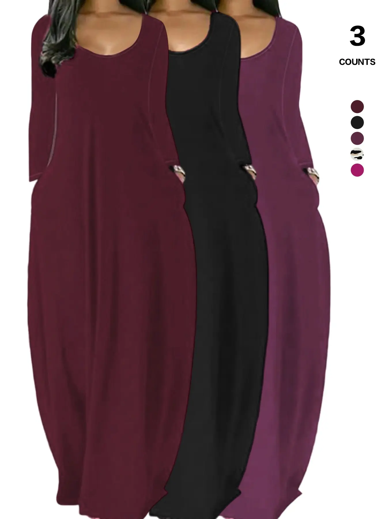 Women's Casual Long Sleeve Maxi Dress, Round Neck Loose Fit, Pocket Design, Organic Textile, All Seasons, Everyday Wear