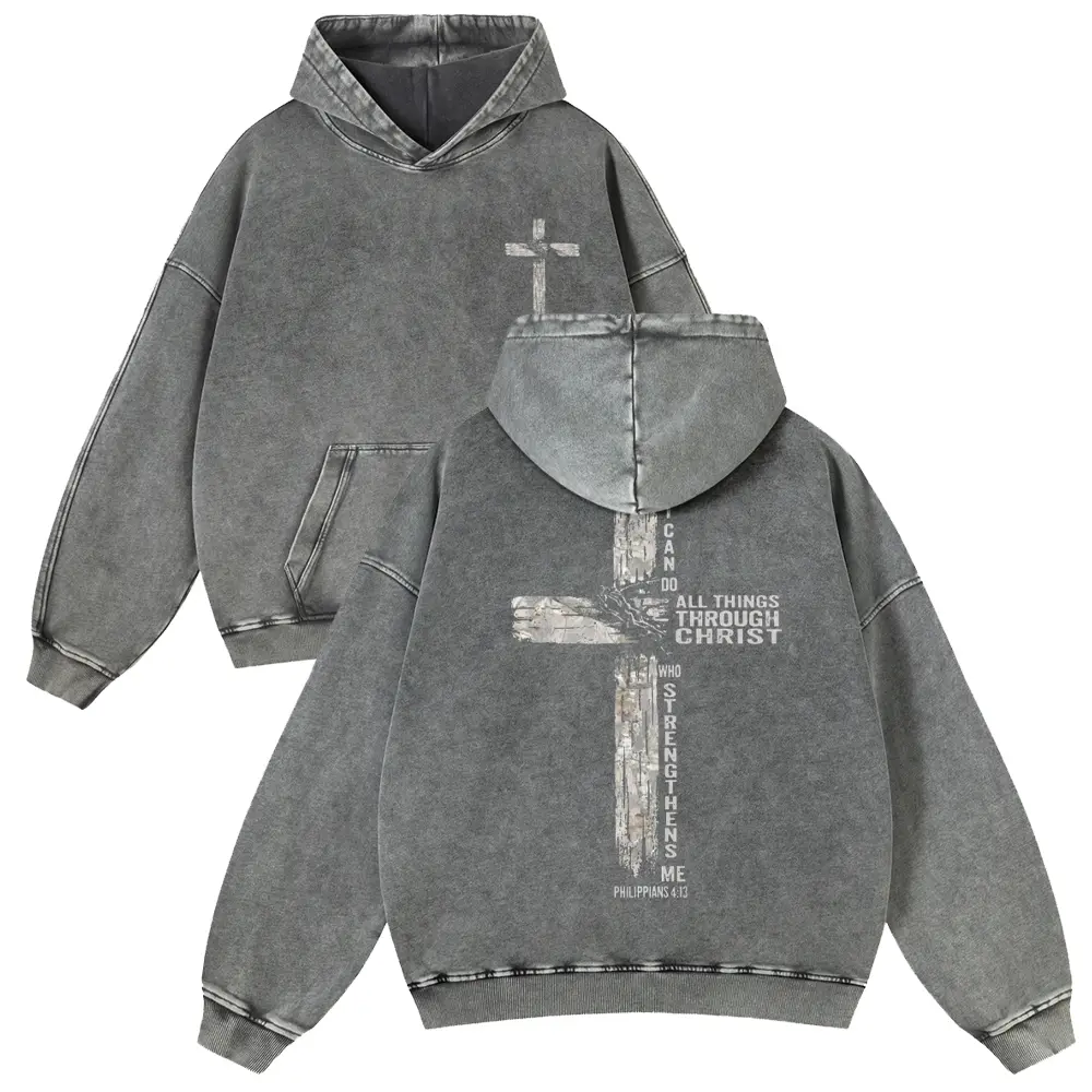 Christian Cross Hoodie with Philippians 4:13 Verse, Unisex Heavyweight Acid Wash Cotton Blend Casual Streetwear