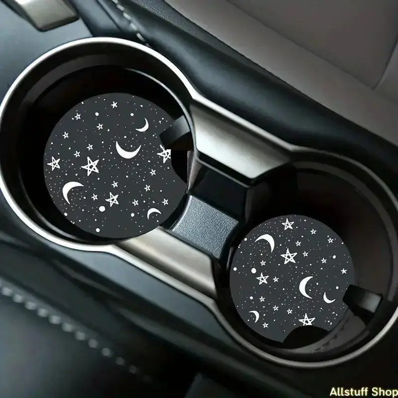 Romantic Moon & Star Pattern Car Coasters, 1 Pair Waterproof Car Cup Mats, Car Interior Decoration Accessories for Men & Women, Car Interior Accessory, Car Desktop Decor, Car Ornament, Car Trinkets, Car Interior Ornaments, Car Interior Decorative