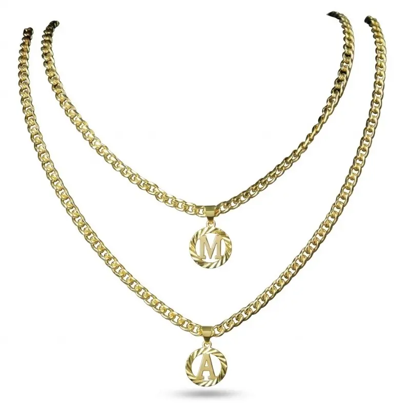 Plated Unisex Alphabet Pendant Necklace - 5mm Cuban Link Chain, Hollow Capital Monogram, Dainty Gold‑Colored Initial Letter Jewelry, Adults' Fashion Accessory, Mothers Day Gift Idea, Initial Necklaces