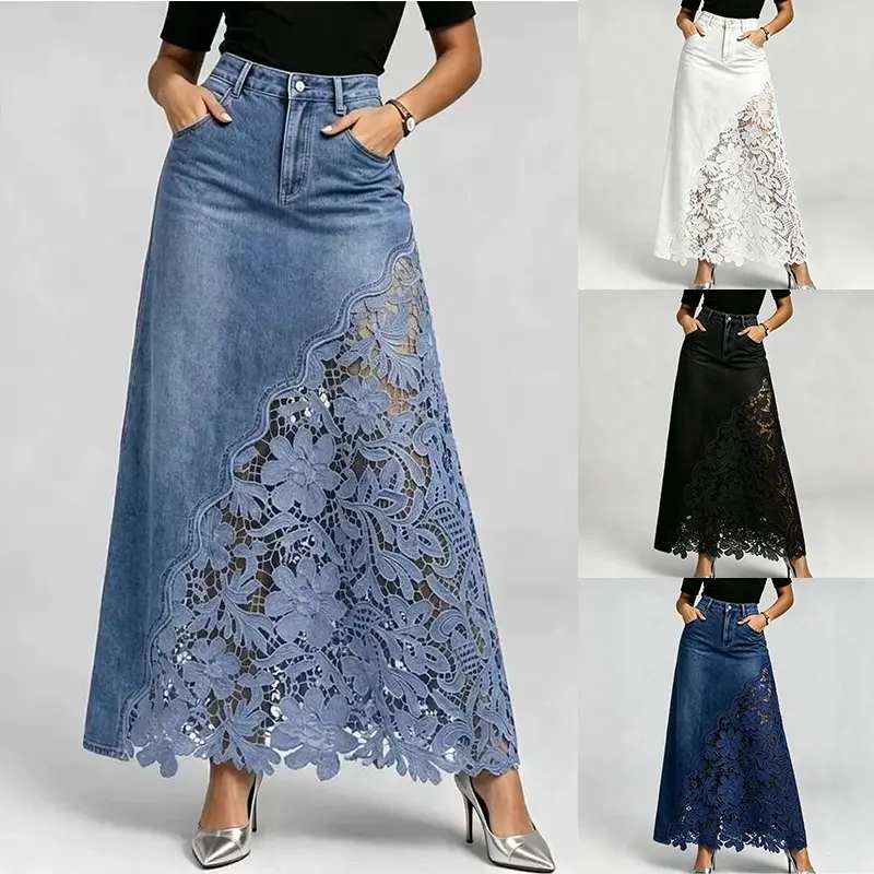 Women's denim skirt with a stylish washed denim and lace patchwork design, long and body-hugging