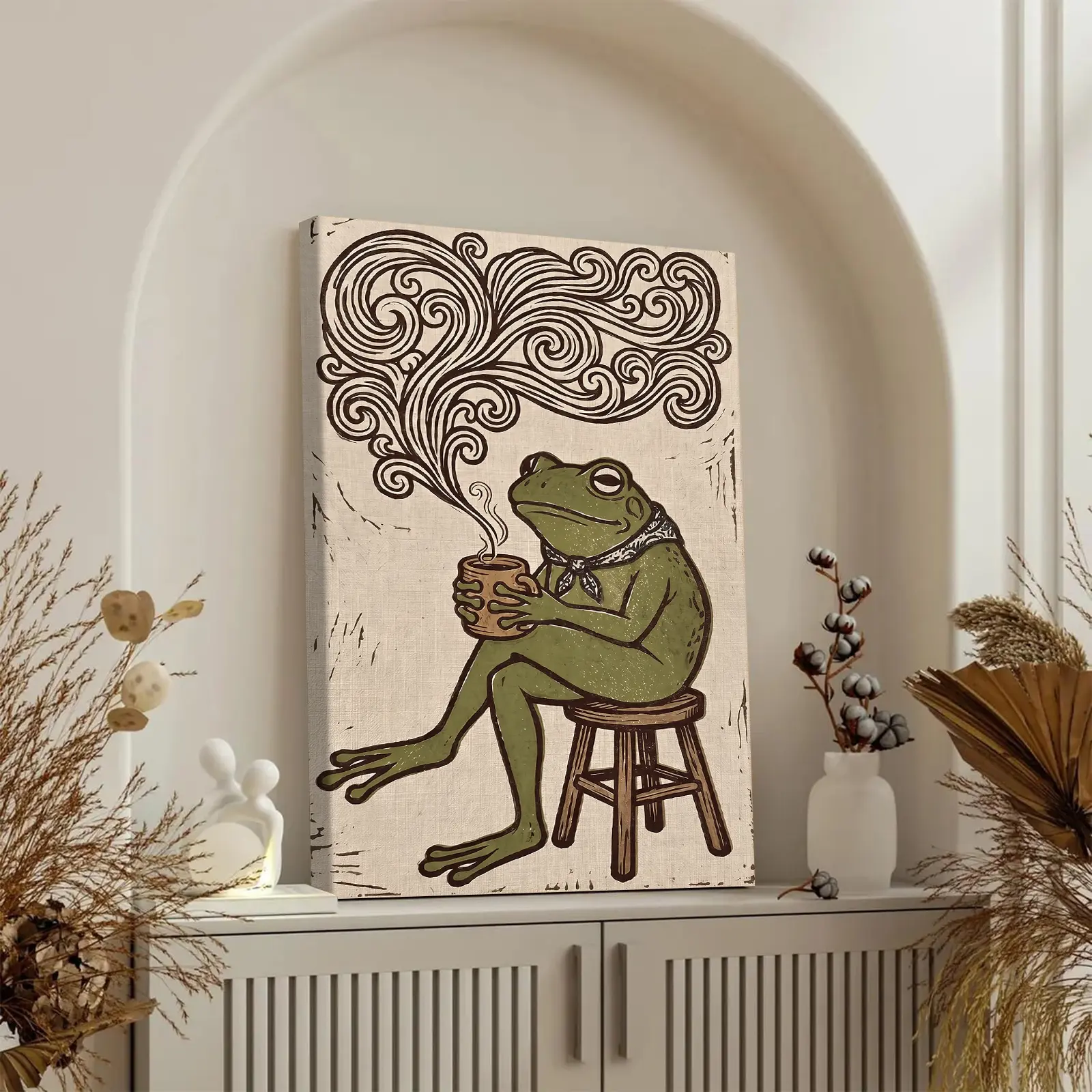 Vintage Frog Drinking Coffee Canvas Wall Art, 12x16in Cute Funny Animal Poster, Retro Illustration Print For Cafe Living Room Bedroom Home Decoration, Wall Decor, High Quality Waterproof Painting, HD Artwork