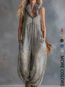1 Piece Women's Summer Leopard Hooded Zip Up Jumpsuit, Loose Harem Streetwear Outfit, Leopard Print Overalls