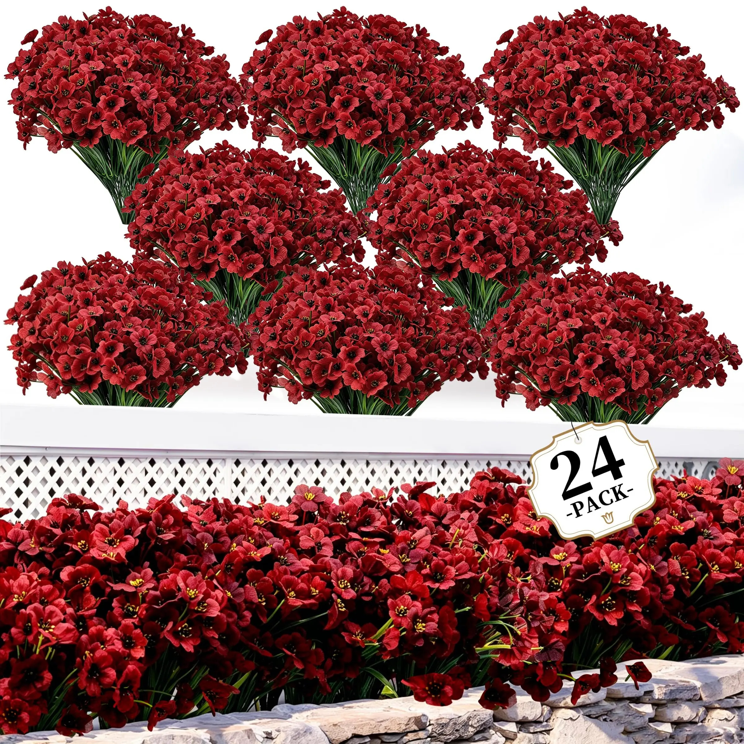 24 Bundles Burgundy Artificial Flowers, Fake Plant Mum for Outdoors/indoors, Garden Porch Window Box Decor, Holiday Home Wedding Decor, Fake Flower Plants
