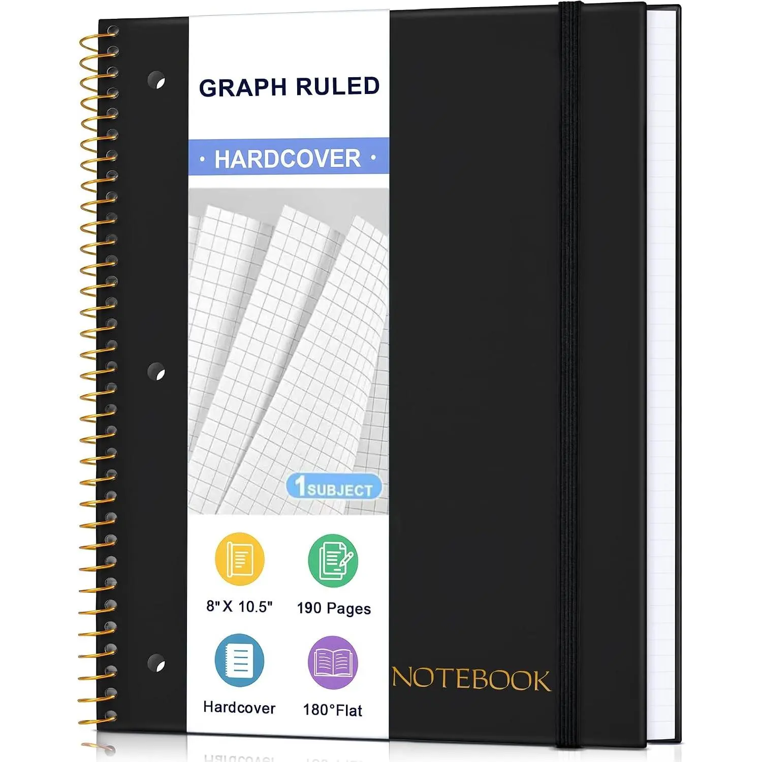 Spiral Notebook Graph Ruled Paper 8" x 10 1/2", 1 Subject Spiral Grid Notebook 3-Hole Punched Perforated Page Ideal for School, Office, Writing, 95 Sheets Lined Journaling Graphing Notebook, Black