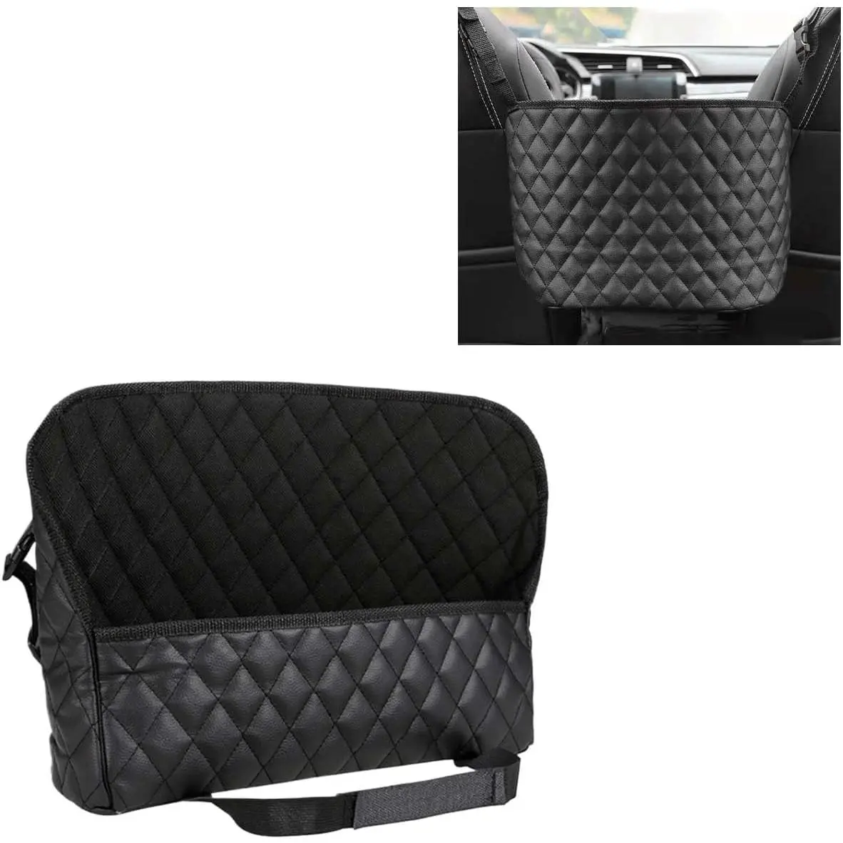 Synthetic Leather Look Car Console Handbag Holder with Net Pocket - 14.65x3.62x10.23in Large Capacity Front Seats Storage Organization Car Accessory, Easy-Install Backseat Barrier with Soft Texture