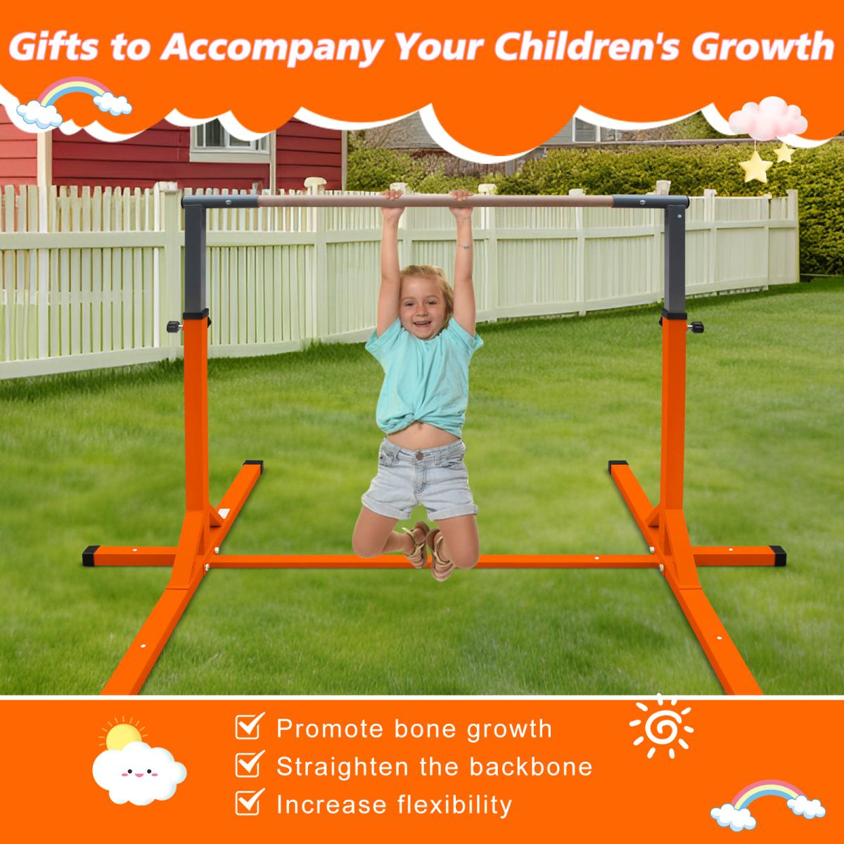 [Fahuac] Gymnastics Bar for Kids, Adjustable Height 39"-62" Junior Training Kip Bar for Home, Sturdy Metal Base with Non-Slip Cover, Easy Assembly, for Kids 3+ Years Orange
