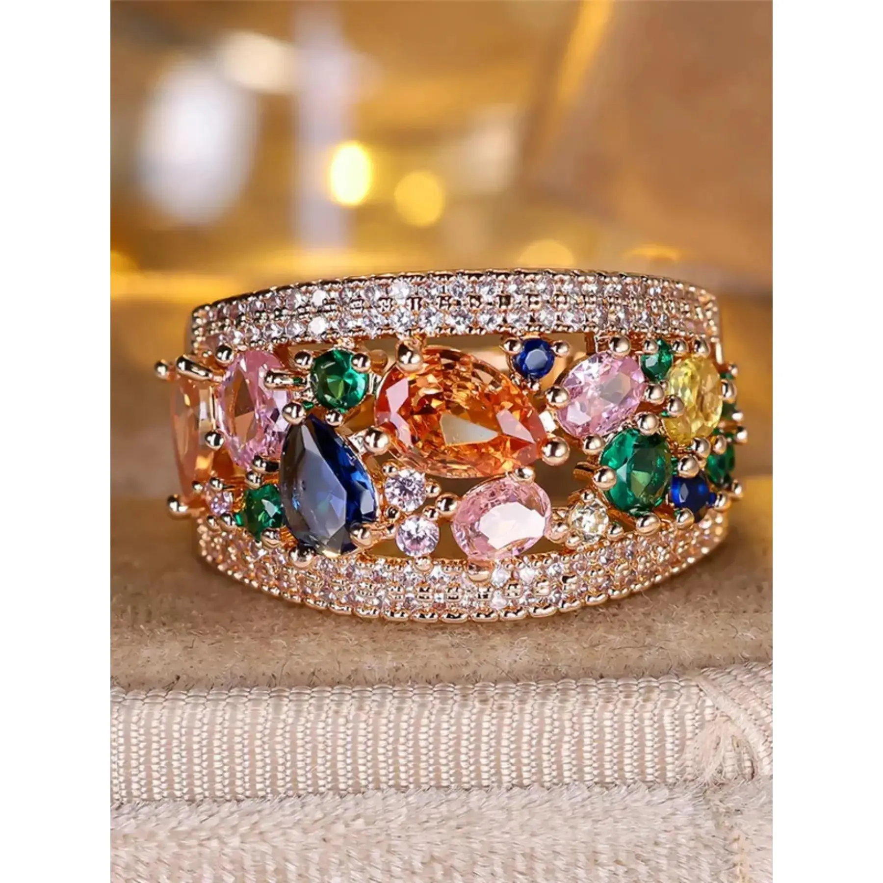 Women's gold, rainbow-colored zirconia gemstone wedding promise, love commitment, wedding ring Jewelry Rings
