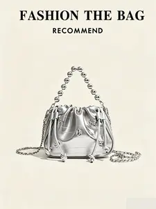 Silver Color Cloud Bag, Mini Bucket Bag, Drawstring Shoulder Clutch, Y2K Style, PU Leather, Casual, All Seasons, Perfect for Gifts