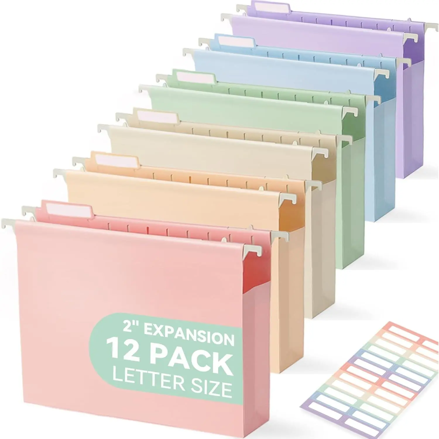Plastic Heavy-Duty Extra-Capacity Hanging File Folders - Letter Size, 2" Pastel Expanding Pockets, Insertable 1/5-Cut Tabs, 12-Pack for Filing Cabinets