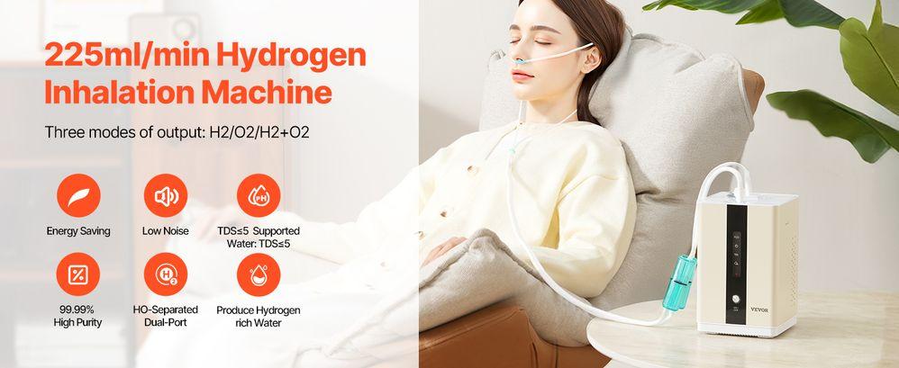 VEVOR Hydrogen Inhalation Machine, 99.99% High Purity Hydrogen Inhaler, HO-Separated 225ml/min (150 H+75 O) Dual Port Hydrogen Oxygen Inhaler, Hydrogen-Rich Water Generator for Home Travel
