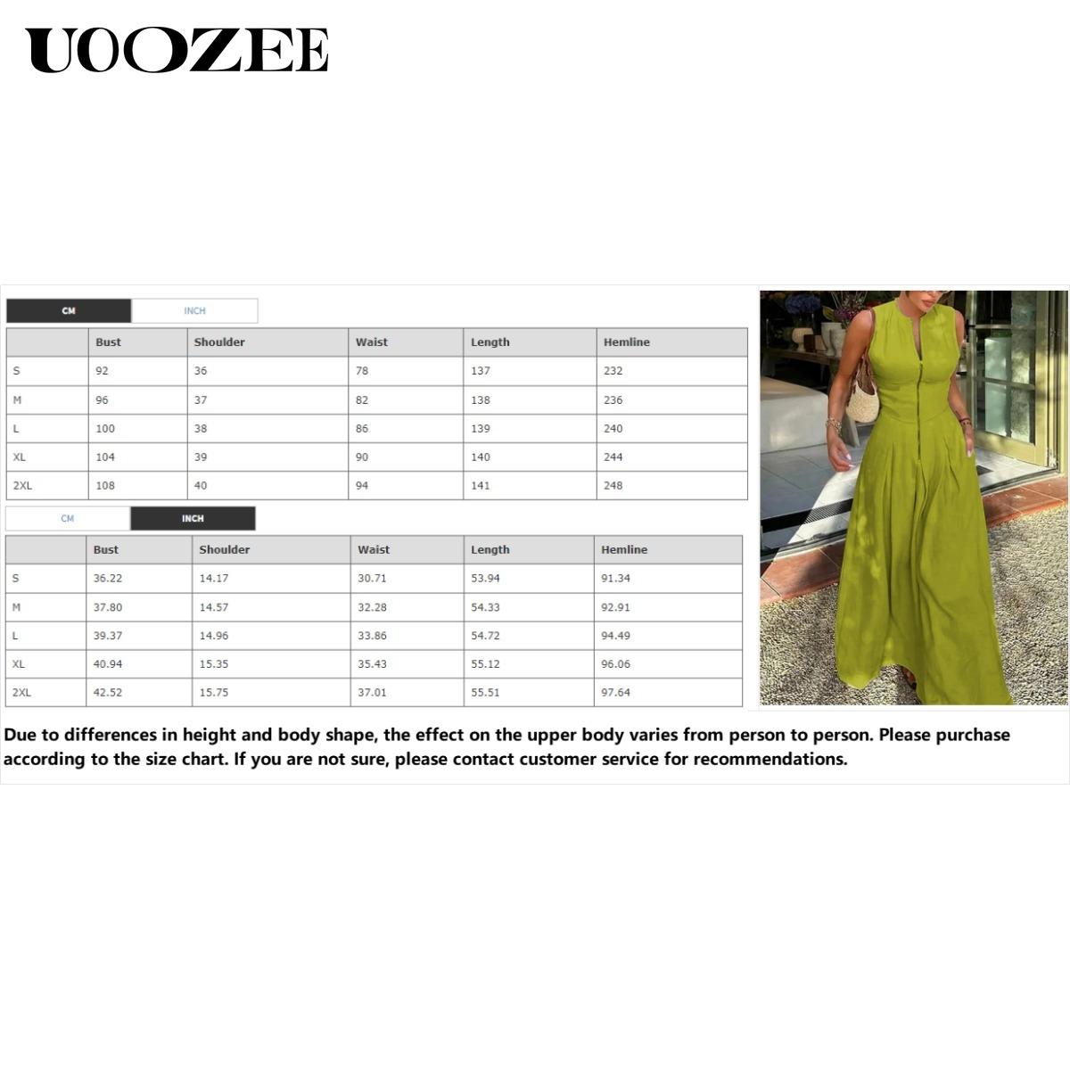 UOOZEE Women's Summer Casual Elegant A-line Loose Pleated Pockets Zipper Round Neck Long Minimalist Dress. Smaller Bust Fit One Size Up Recommended for C - Cup Above & smaller bust can order a normal size. Multiple colors, Sleeveless Womenswear Check