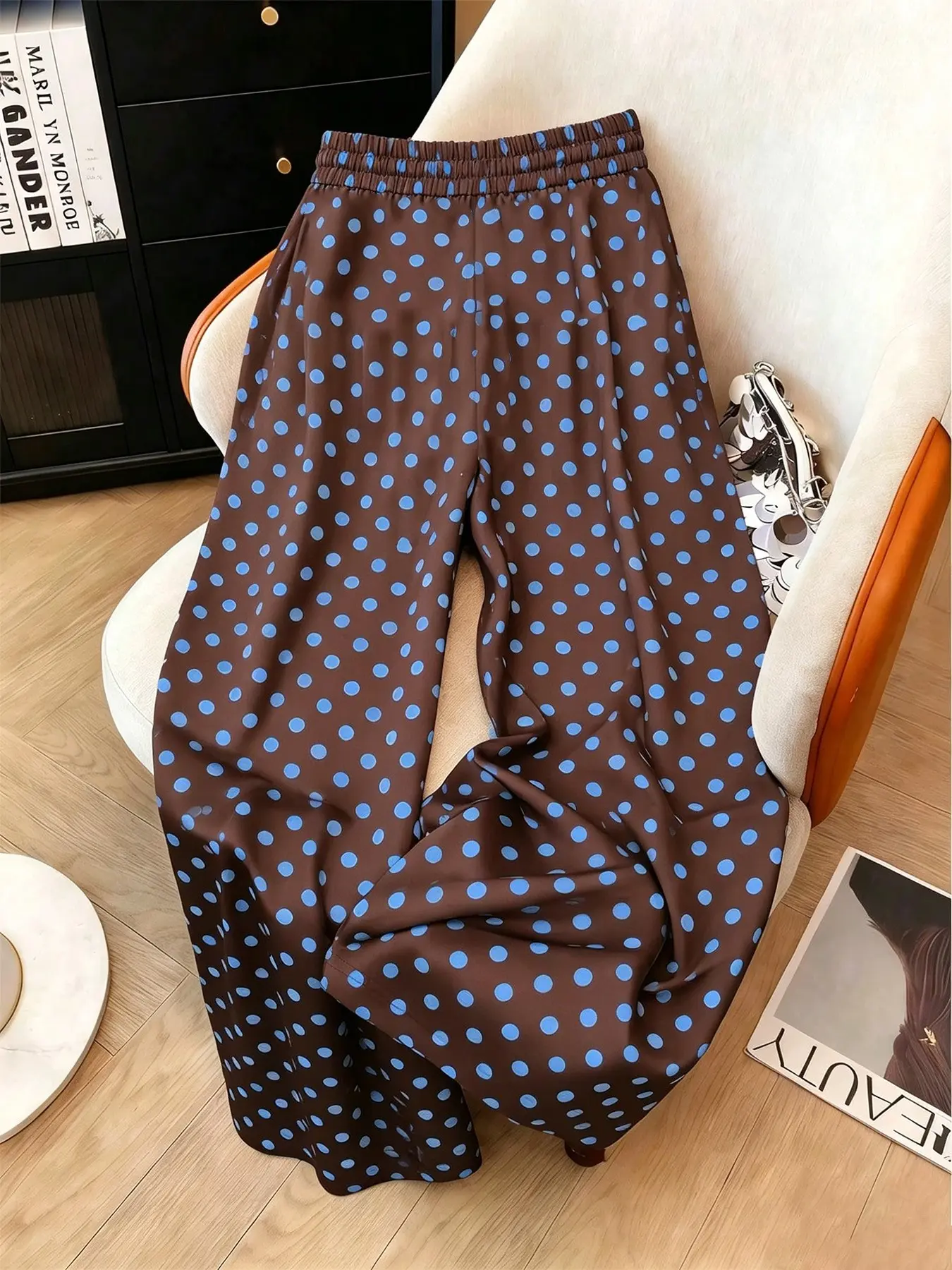 Vintage Base Blue Polka Dot Wide Leg Pants, High Waist Elastic Waist Lazy Straight Trousers, Slimming Pear Shape Pants Bottoms