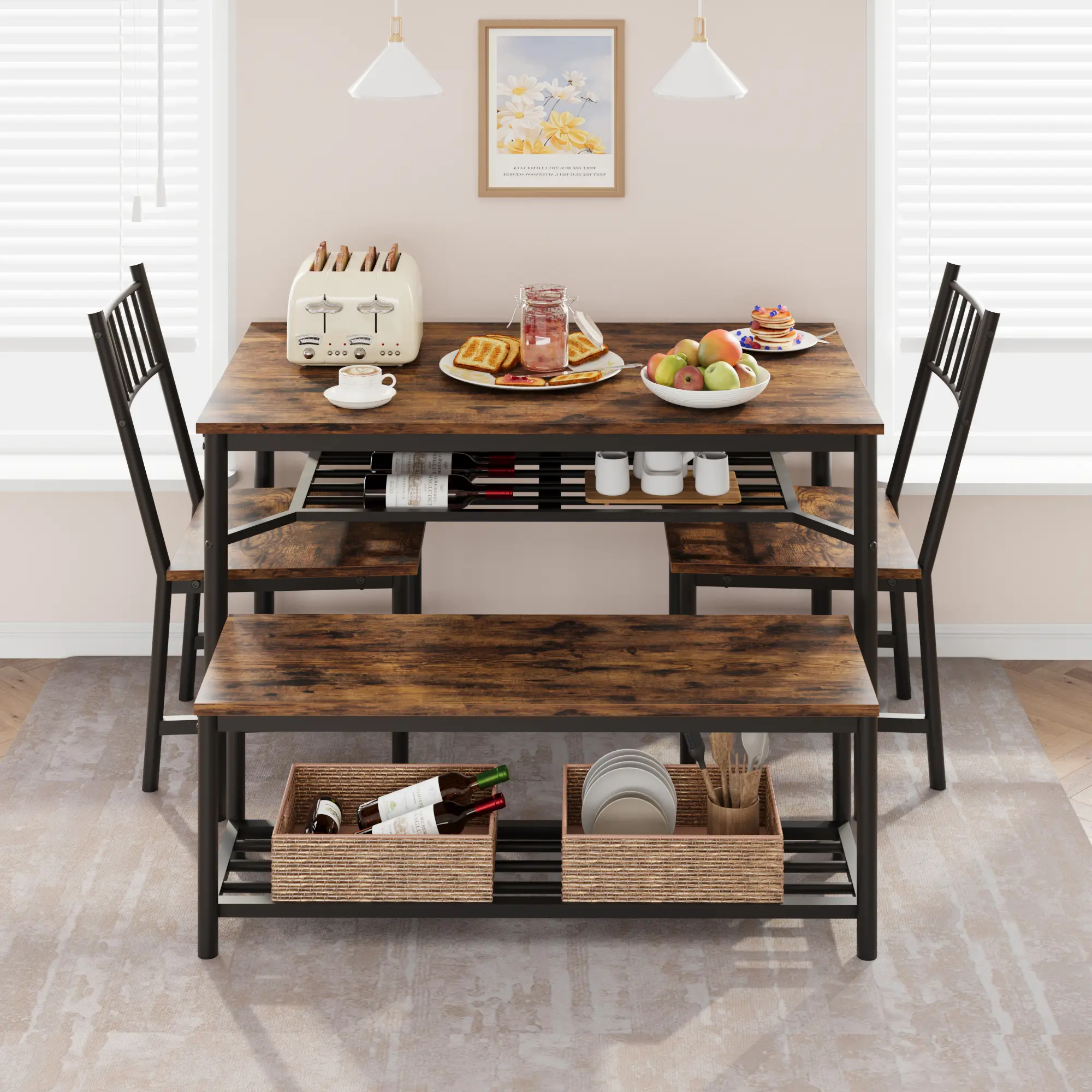Dining Table Set for 4 with Bench and 2 Chairs, 4-Piece Space-Saving Rectangular Kitchen Table with Wine Storage Rack, Sturdy Metal Frame & MDF Board Dining Furniture for Apartment, Studio, Kitchen and Dining Room