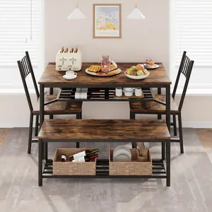 Dining Table Set for 4 with Bench and 2 Chairs, 4-Piece Space-Saving Rectangular Kitchen Table with Wine Storage Rack, Sturdy Metal Frame & MDF Board Dining Furniture for Apartment, Studio, Kitchen and Dining Room