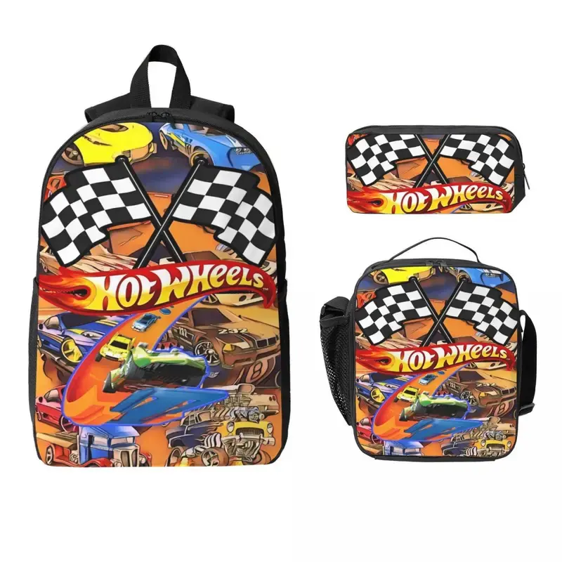 3Pcs Hot-Wheels School bags Set for Girls Boys Pencil Boxes Backpack Sets with Lunch Box For School Students Daypack bookbag