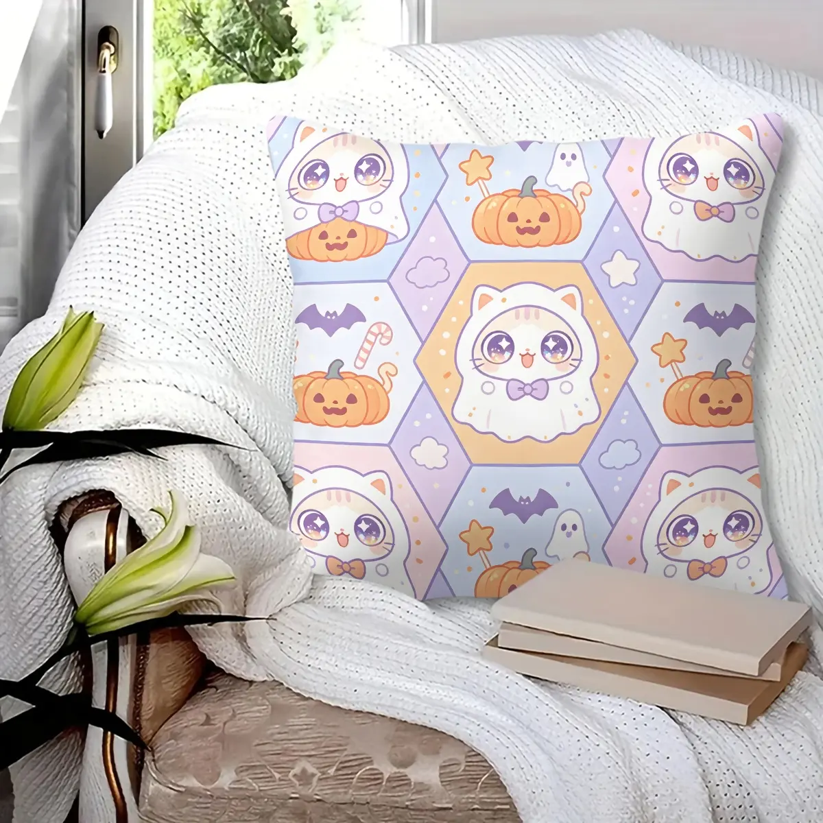 Halloween Kawaii Ghost Cat Print Throw Pillow, Soft Cozy Durable Decorative Cushion, Perfect for Sofa, Couch, Bed, Living Room and Bedroom Halloween Party Decoration, Includes Pillow Insert