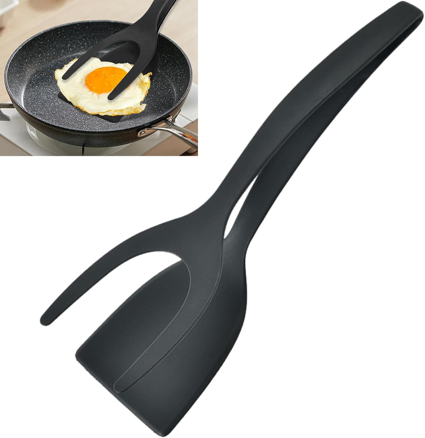 2-in-1 Silicone Shovel & Tweezers Tongs - Black Egg Flipper Pancake Steak Turner Omelet Maker Spatula Fish French Toast Tongs for Home Kitchen Cooking Tools Utensils