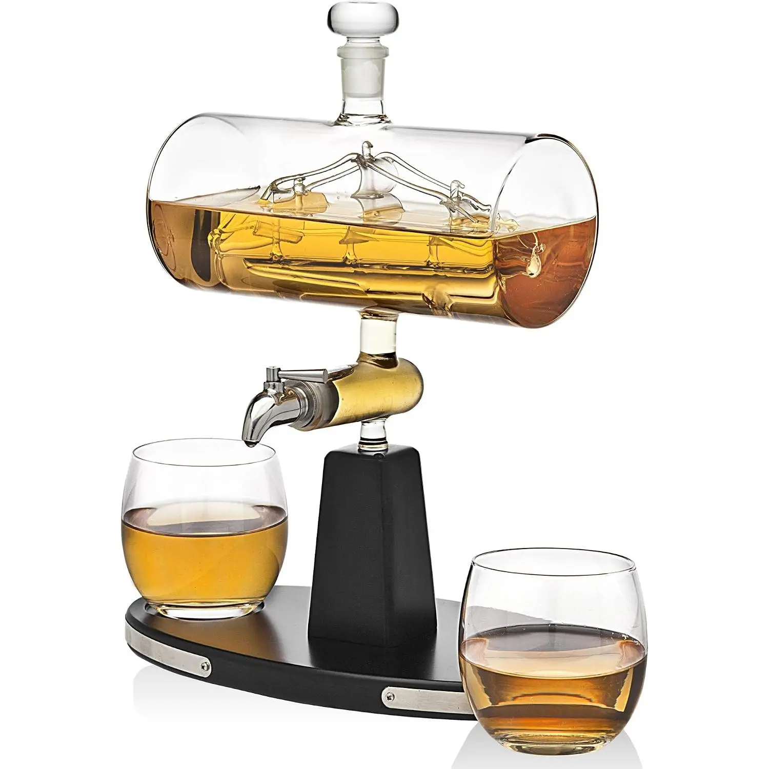 Antique Metal & Wooden Bar Utensils Set - 1000ml Decanter Dispenser, 2 Lead-Free Glass Tumblers for Wine Serving, Stainless Steel Components, Default