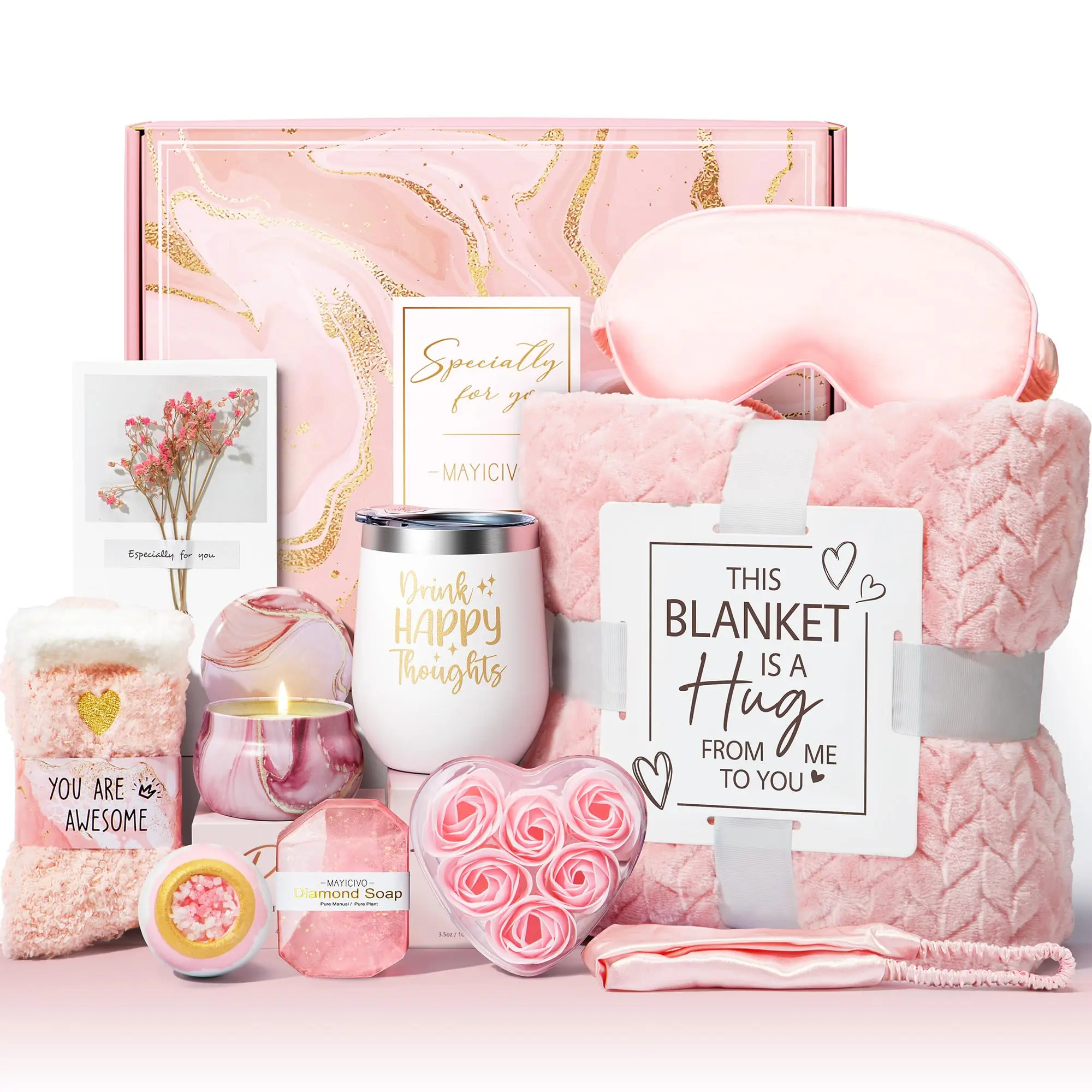Gifts Basket for Women - Get Well Soon, Birthday, and Unique Self Care Spa Gifts Idea w/ Flannel Blanket, Rose Scent Relaxation Set for Mom, Friends, Wife