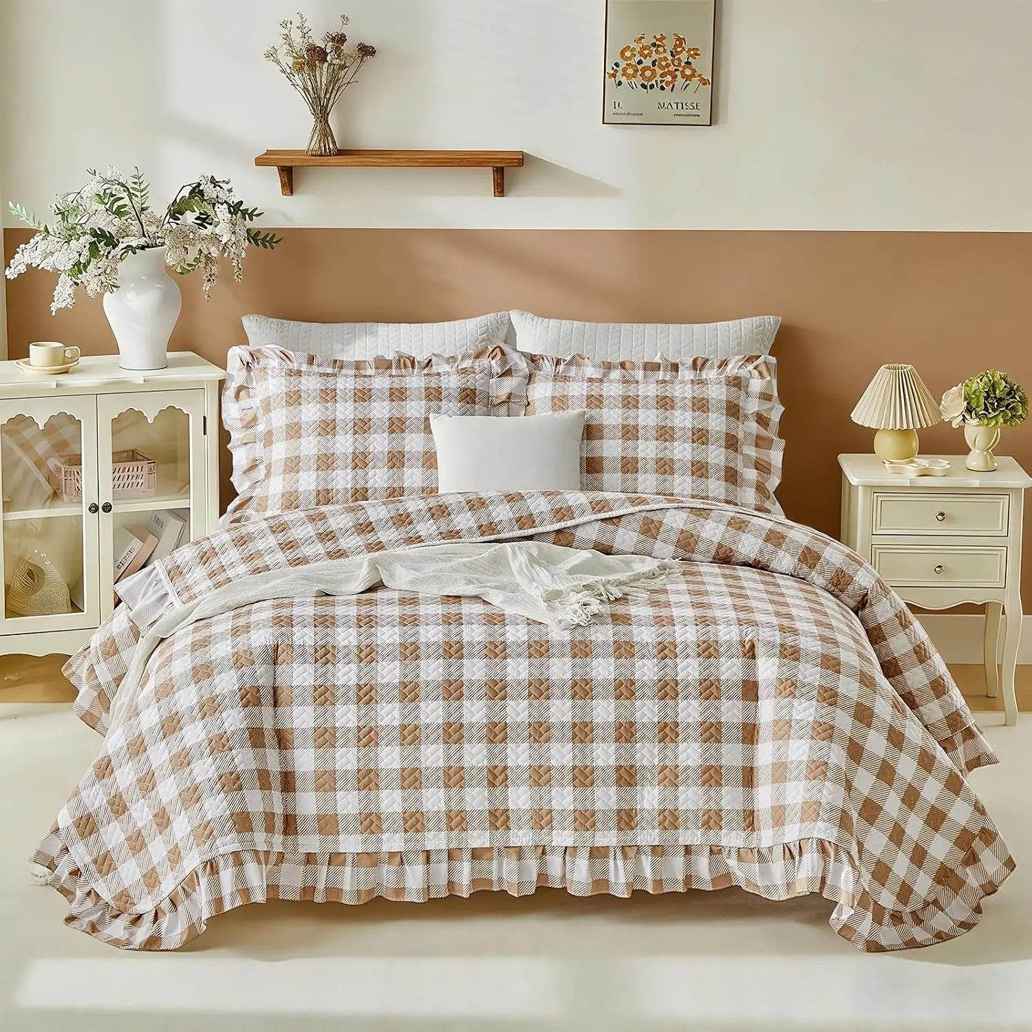 Joyreap 3pcs Ruffle Quilt Set King, Tan Gingham Plaid Ruffled Design, Soft Cozy Microfiber Taupe Farmhouse Bedspread Coverlet for All Season- 102x90 inches