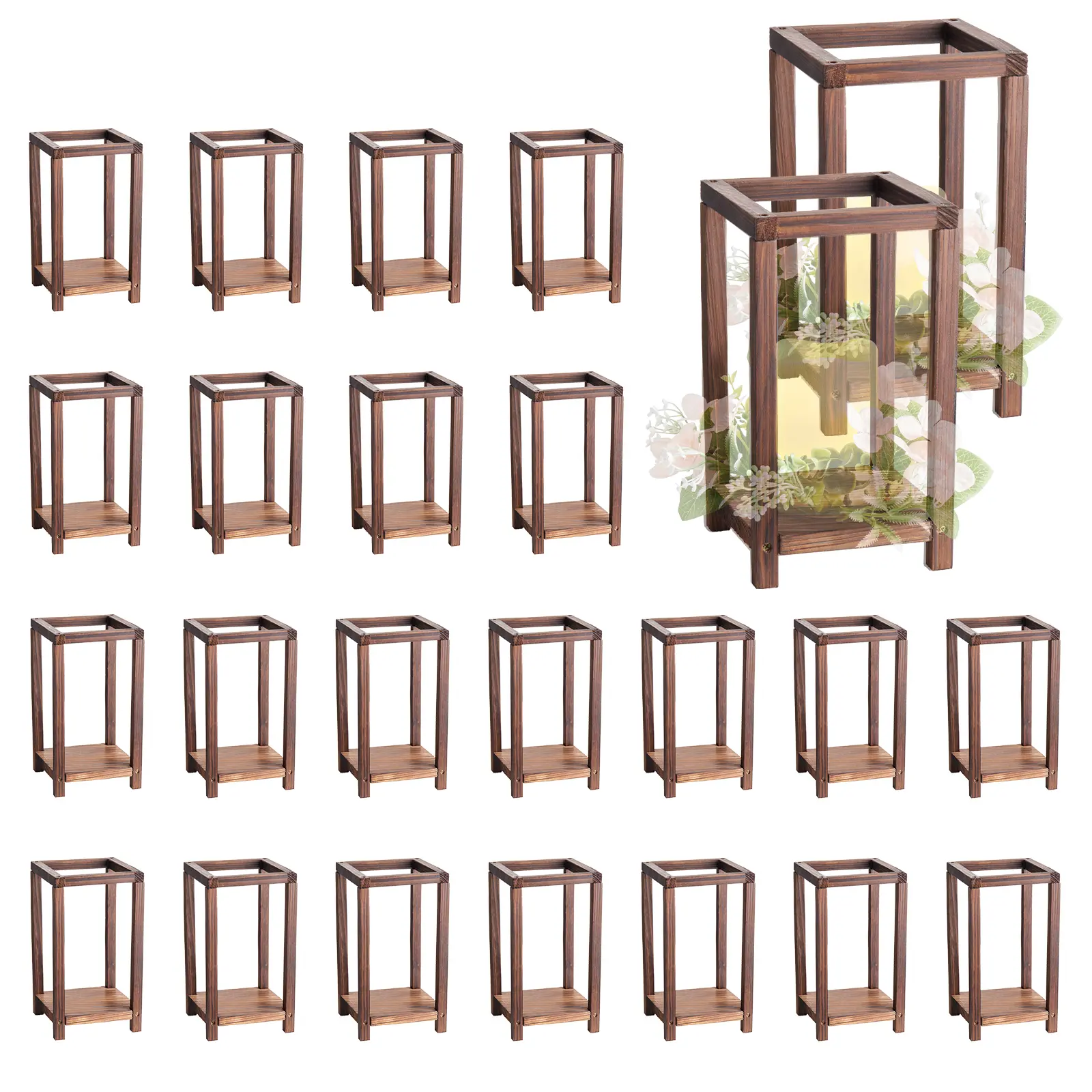 24 Pcs Wooden Wedding Lantern, Cedar Wood and Plastic Wooden Lantern Candle Holder, Rustic Decorative Home Centerpiece Ideal for Wedding Table Party Farmhouse Indoor Decor, Brown