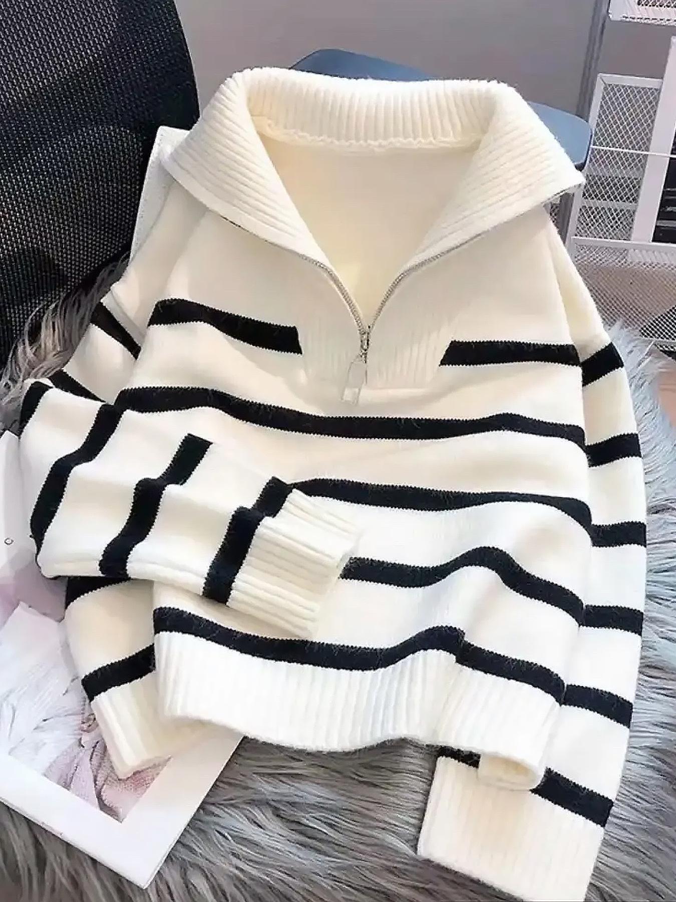 Women's Striped-Print Drop-Shoulder Sweater with Half-Zipper, Casual Long-Sleeve Collared Jumper for Daily Outdoor Wear, Knitwear for Fall & Winter, National Day Outfit